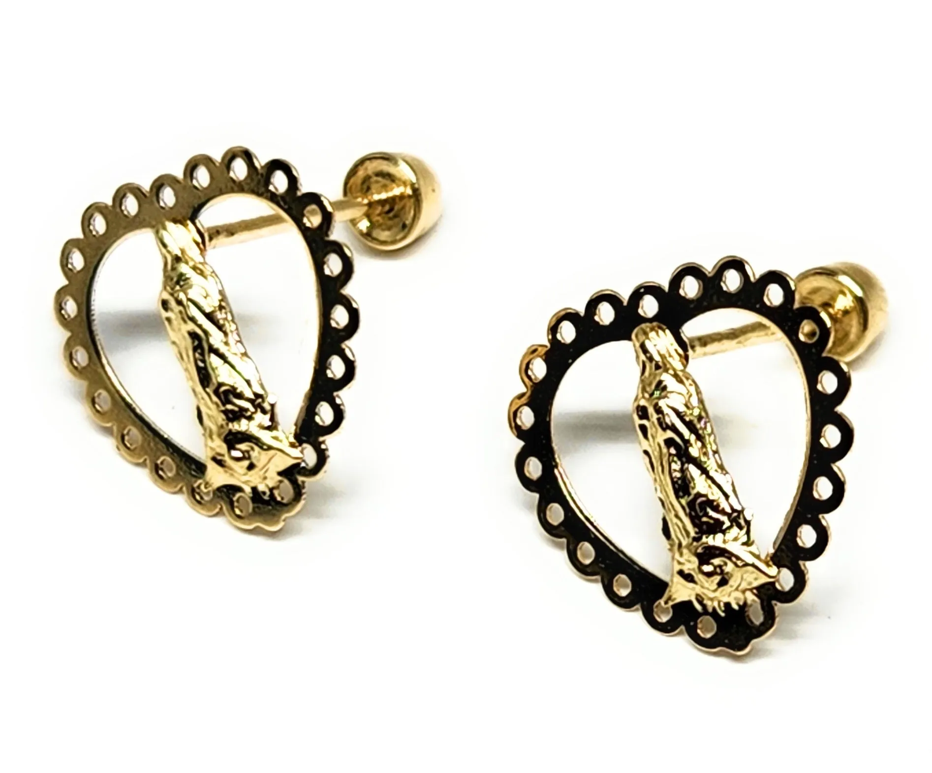 14k Solid Gold SMALL DAINTY VIRRGIN MARY HEART Stud Earrings (FCE 46) (MADE IN MX)