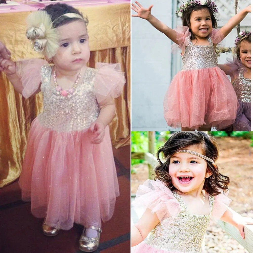 2-10Y Kids Toddler Baby Girls Sequins One Piece Dress Pleated Princess DressesSM6