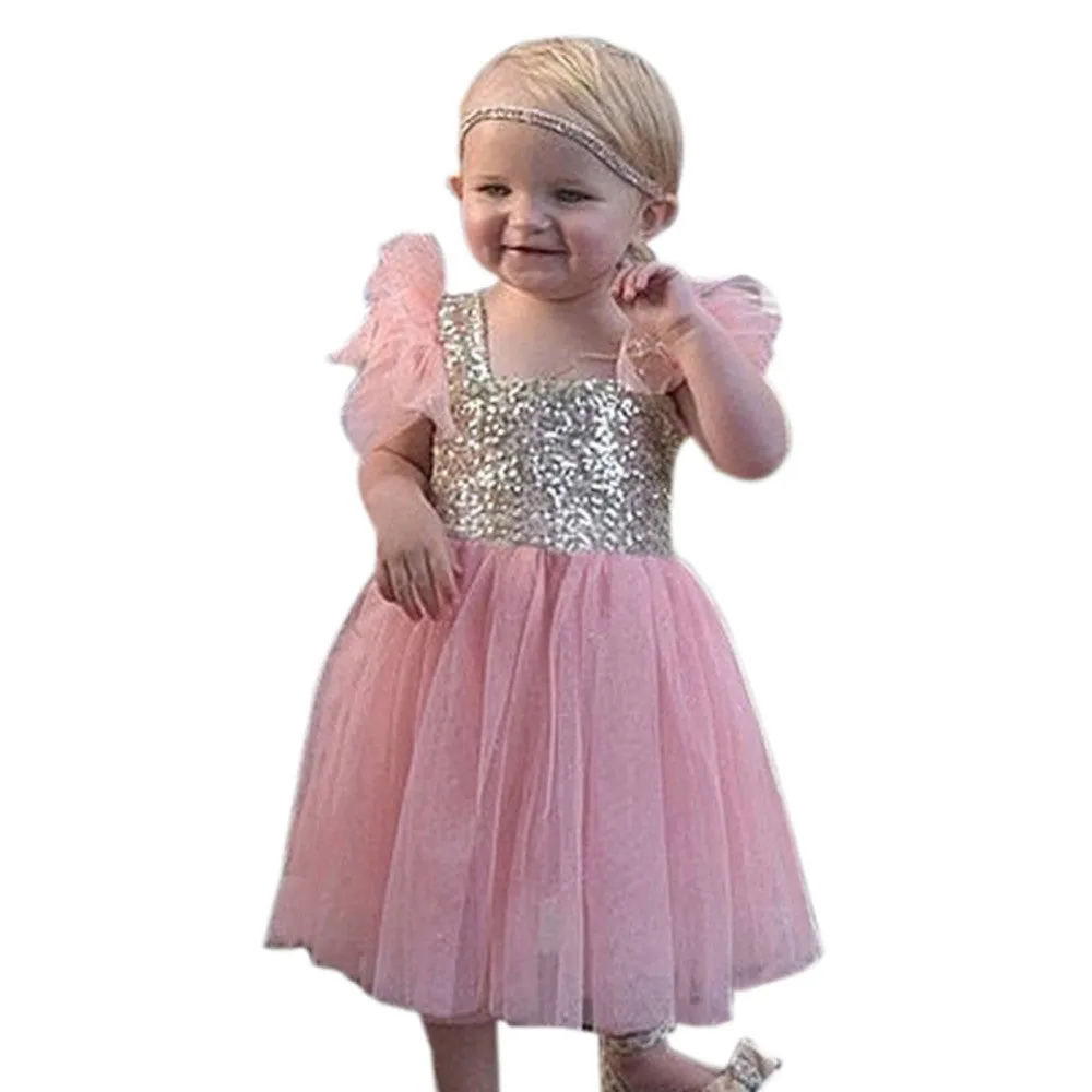 2-10Y Kids Toddler Baby Girls Sequins One Piece Dress Pleated Princess DressesSM6