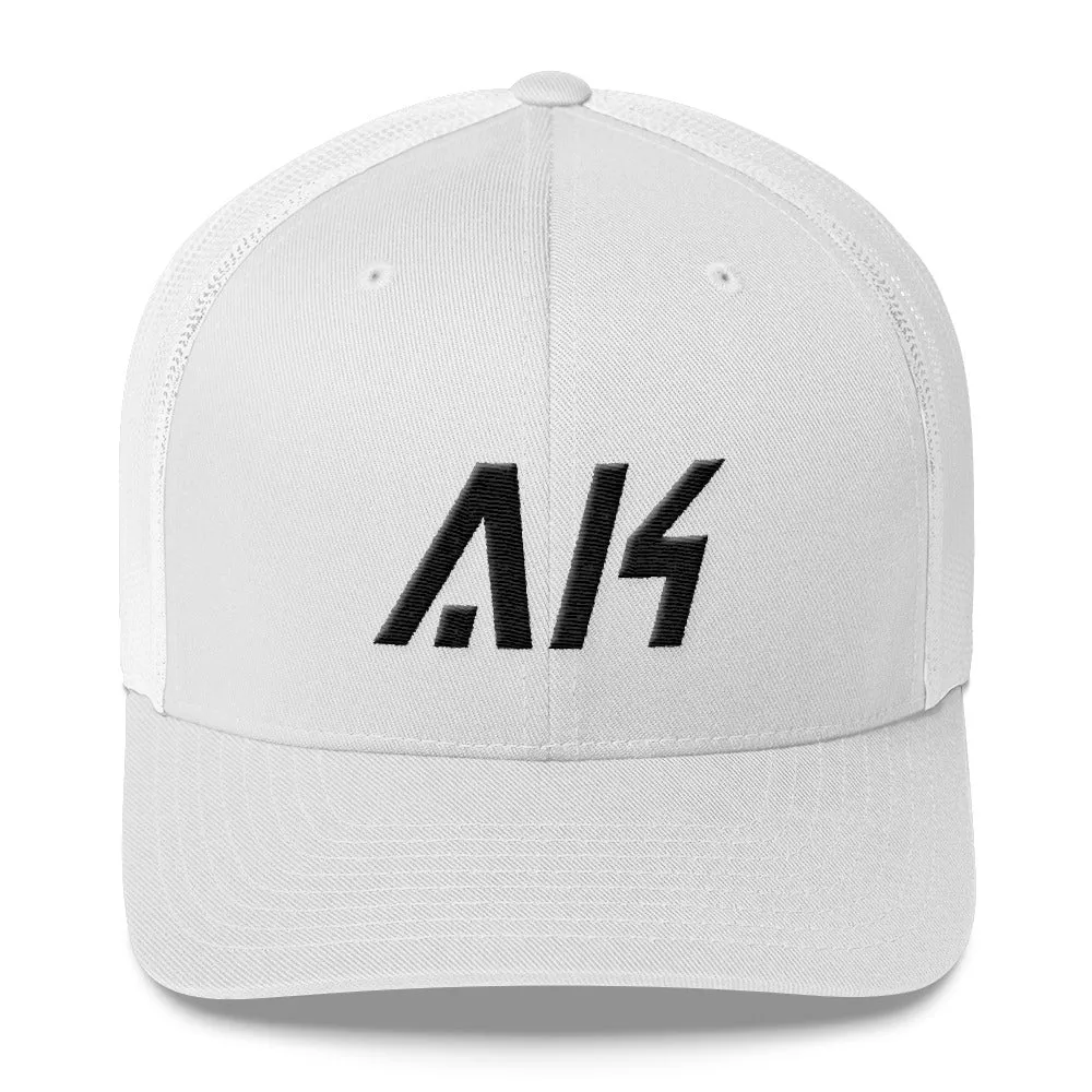 Alaska - Mesh Back Trucker Cap - Black Embroidery - AK - Many Hat Color Options Available