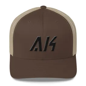 Alaska - Mesh Back Trucker Cap - Black Embroidery - AK - Many Hat Color Options Available