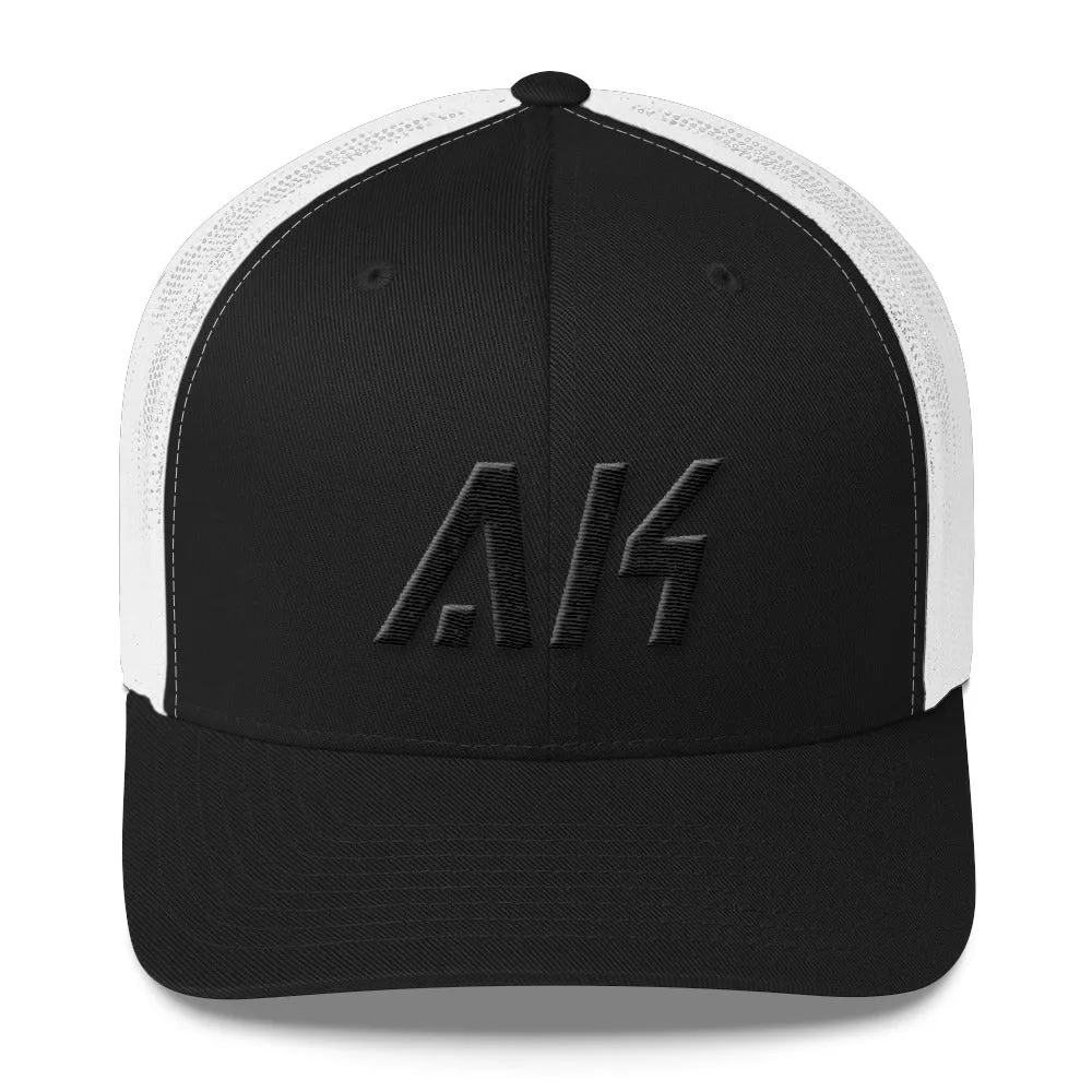 Alaska - Mesh Back Trucker Cap - Black Embroidery - AK - Many Hat Color Options Available