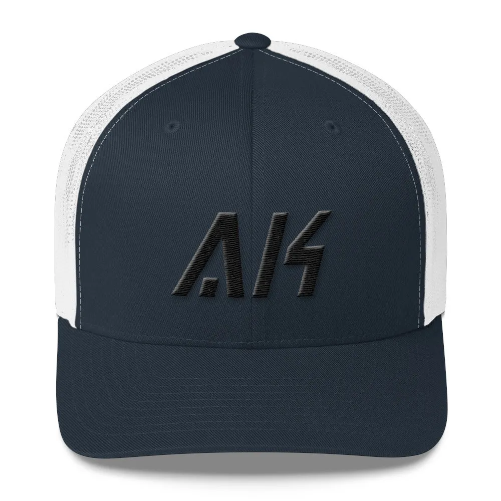 Alaska - Mesh Back Trucker Cap - Black Embroidery - AK - Many Hat Color Options Available