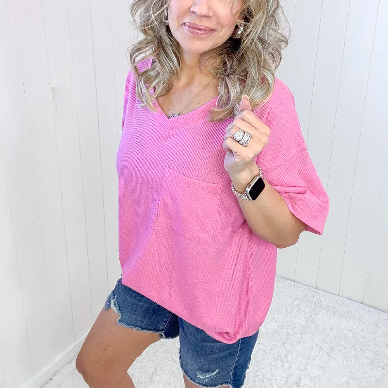 Back Together Pink Waffle Knit V-Neck Short Sleeve Top