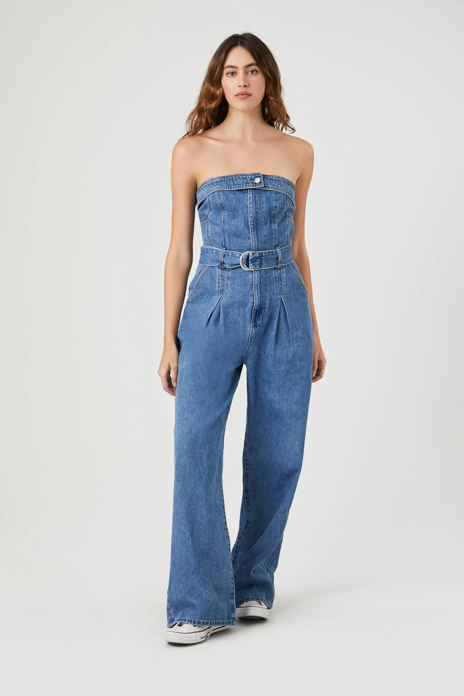 Belted Denim Tube Jumpsuit