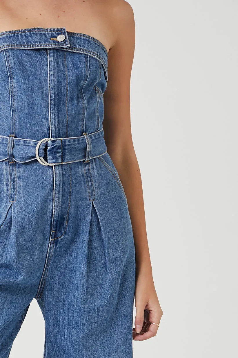 Belted Denim Tube Jumpsuit