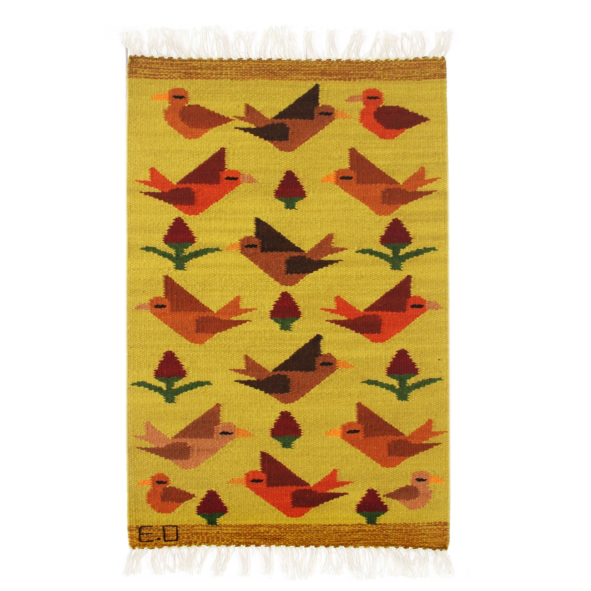 Birds on the Wing Peruvian Handwoven Yellow Wool Rug with Birds