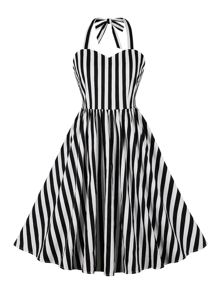 Black and White Striped Women Evening Party Vintage Dresses Halter Sweetheart Neck Pleated Cotton Backless Dress