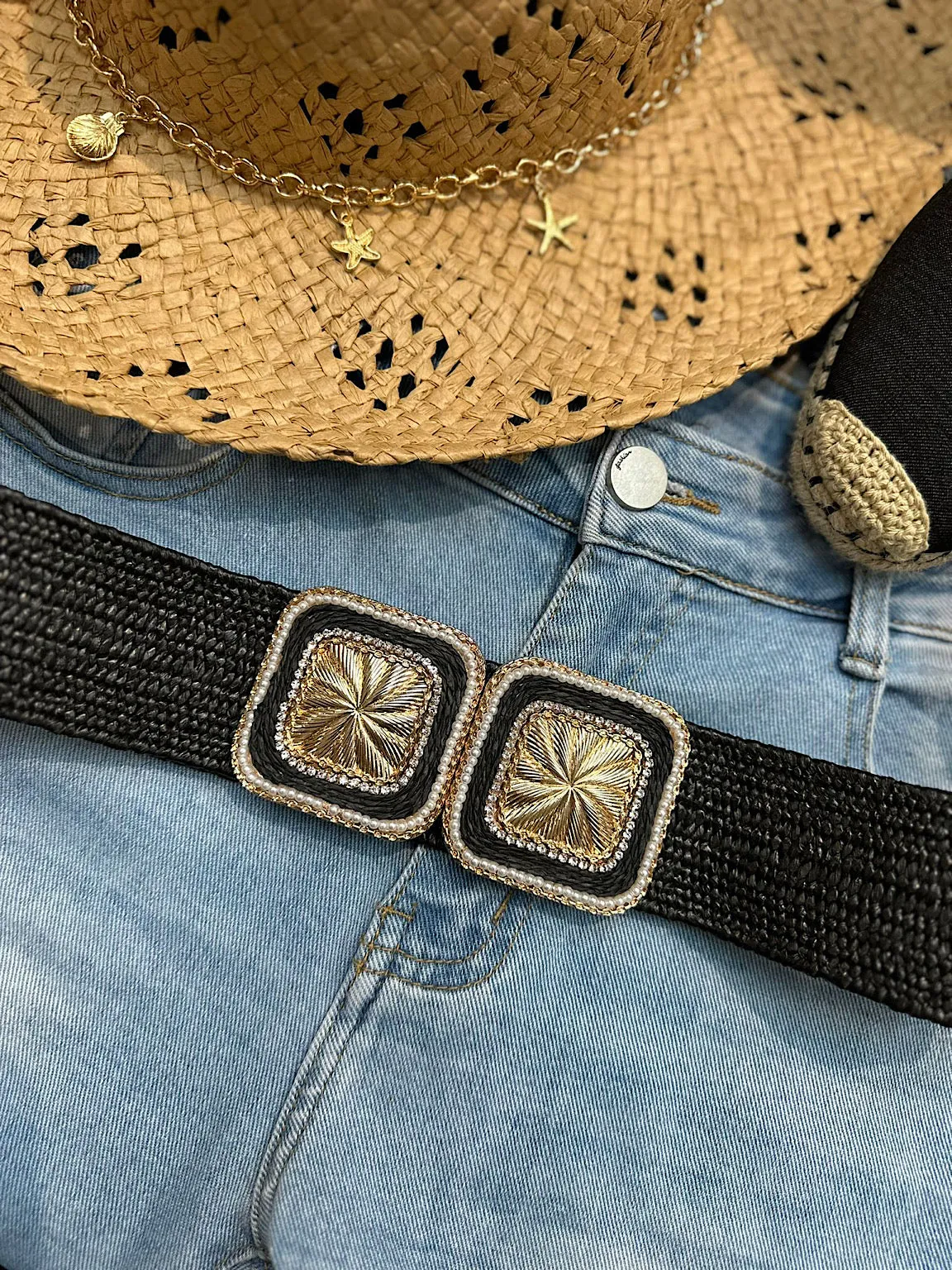 Black Diamante Embellished Buckle Belt