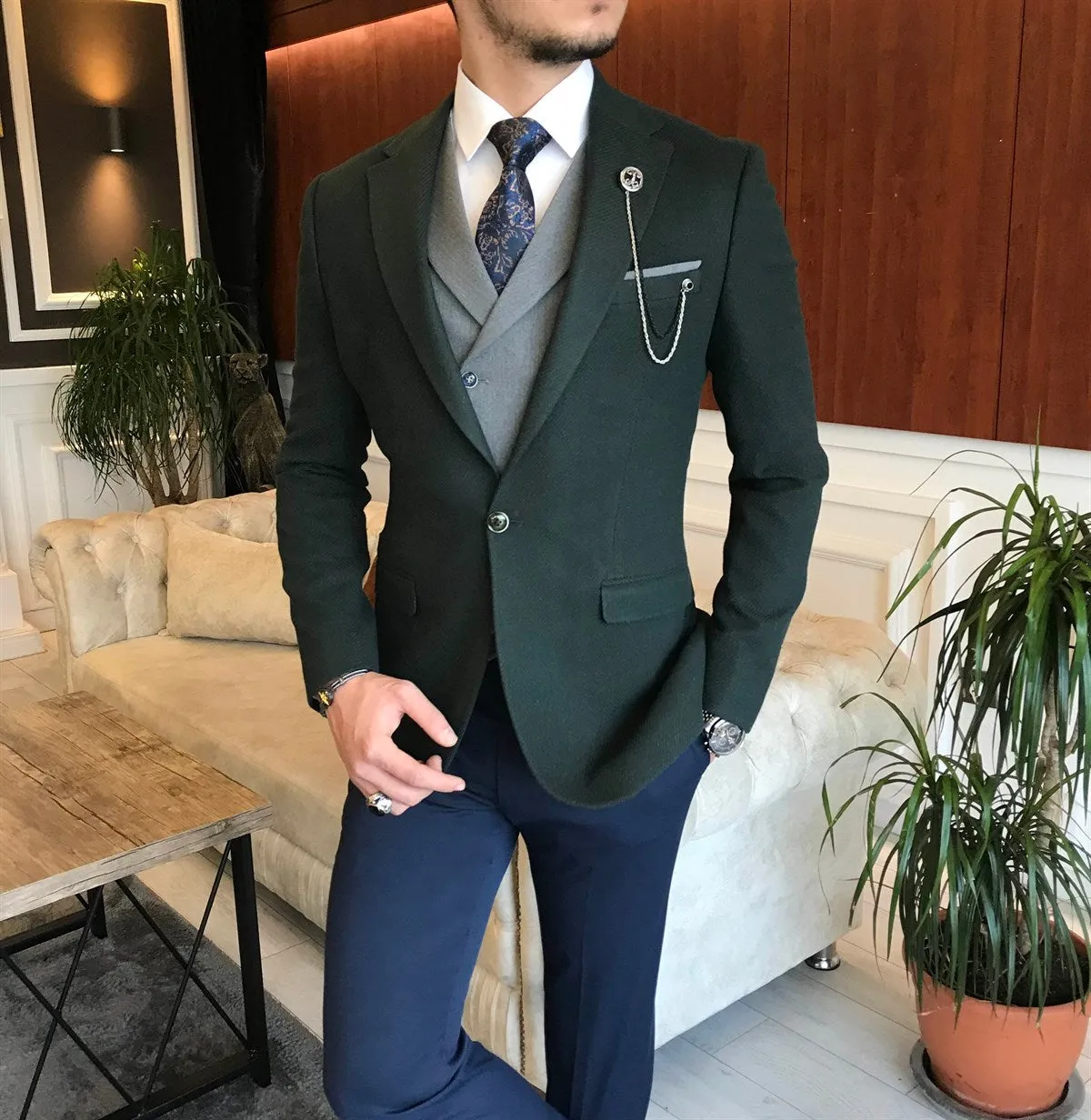 Bojoni Green Slim-Fit Suit 3-Piece