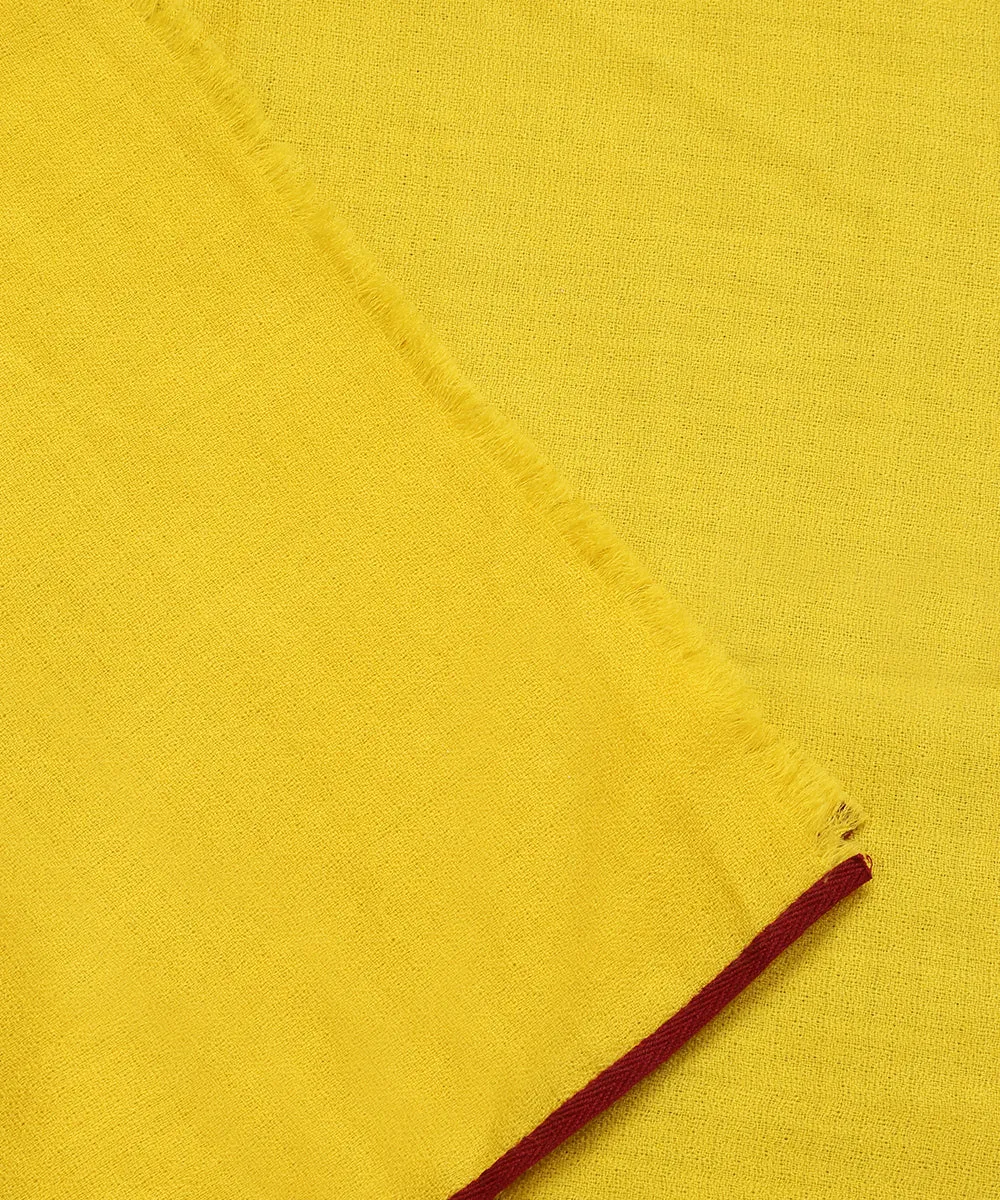 Canary Yellow Handwoven Pure Pashmina Stoles With Hand Appliqued Kashidakari Border