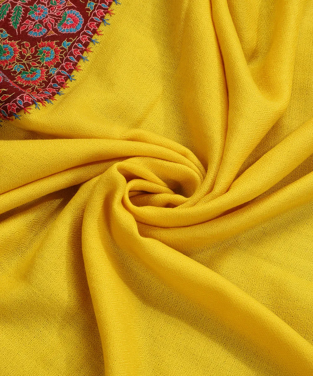 Canary Yellow Handwoven Pure Pashmina Stoles With Hand Appliqued Kashidakari Border