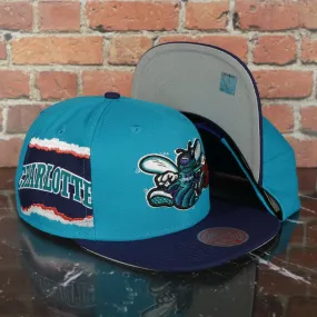 Charlotte Hornets Hardwood Classics Jumbotron Charlotte Ripped Wordmark side patch Grey Bottom Teal/Purple Snapback hat | Mitche