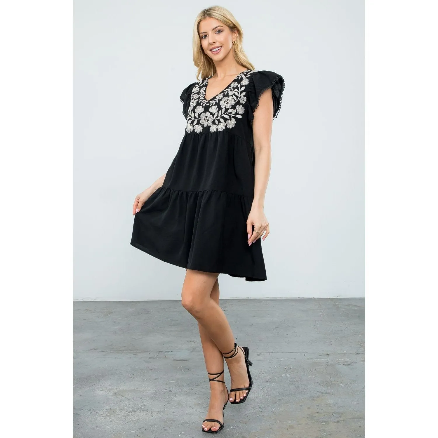 Chloe Black Flutter Sleeve Embroidered Floral THML  Dress-SALE