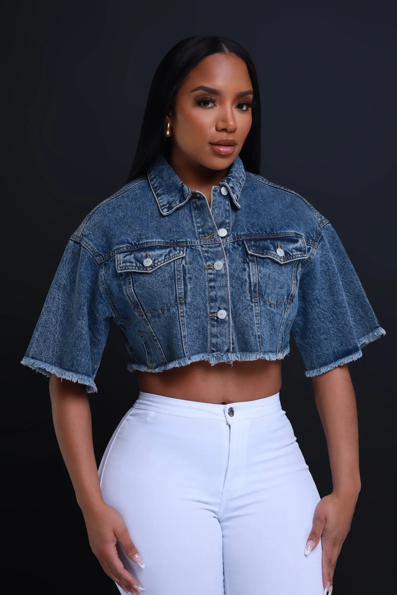 Click Short Sleeve Cropped Denim Jacket  - Medium Wash