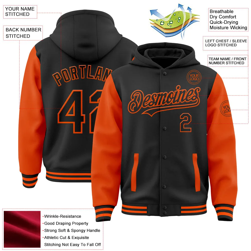 Custom Black Orange Bomber Full-Snap Varsity Letterman Two Tone Hoodie Jacket