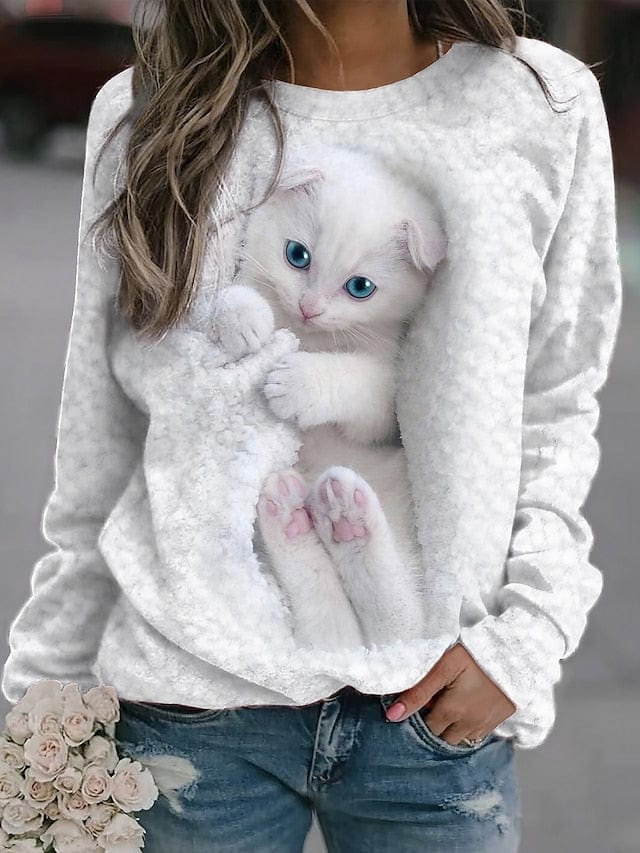 Elegant White Cat Street Casual Sweatshirt for Women