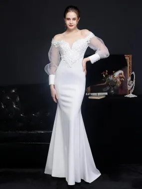 Elegant White Satin Appliques Beading Wedding Women See through Tulle Long Sleeve Party Dress