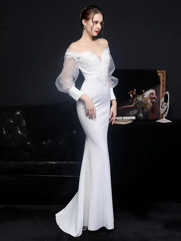 Elegant White Satin Appliques Beading Wedding Women See through Tulle Long Sleeve Party Dress