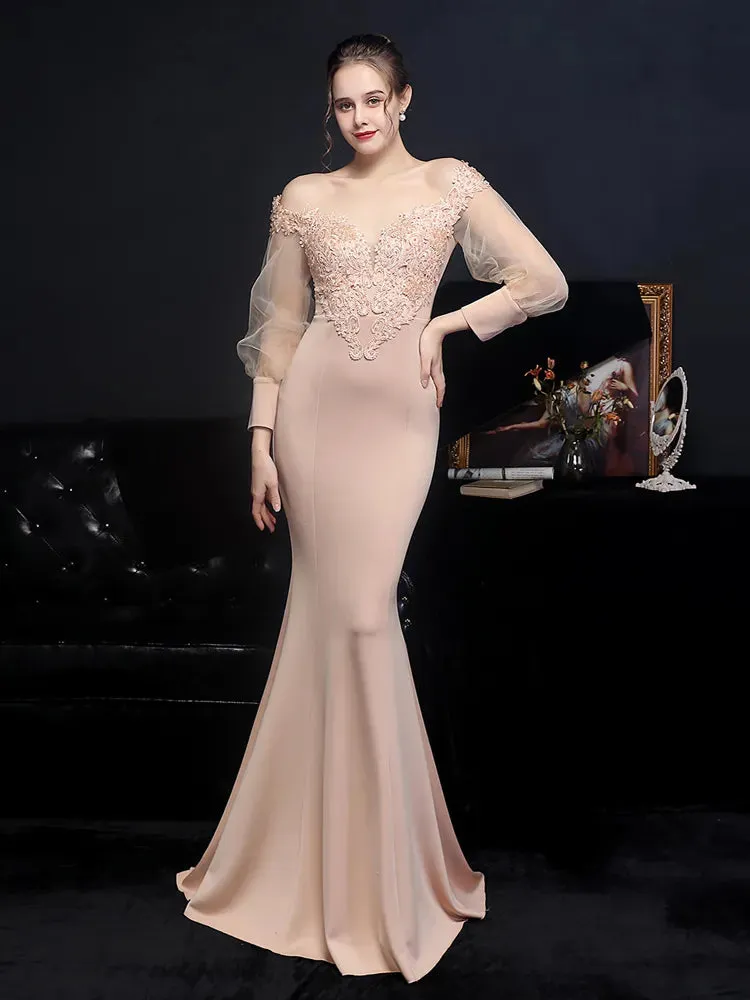 Elegant White Satin Appliques Beading Wedding Women See through Tulle Long Sleeve Party Dress