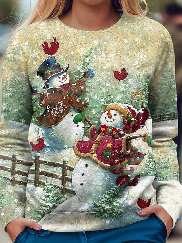 Festive Snowman and Snowflake Graphic Sweatshirt for Women