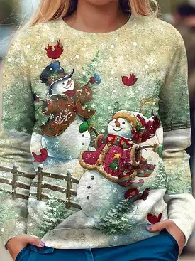 Festive Snowman and Snowflake Graphic Sweatshirt for Women