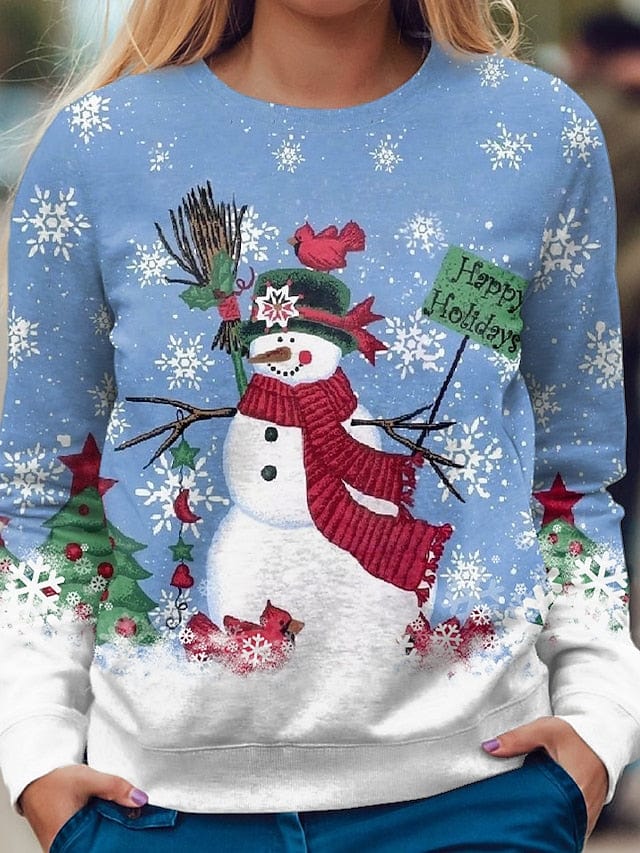 Festive Snowman and Snowflake Graphic Sweatshirt for Women