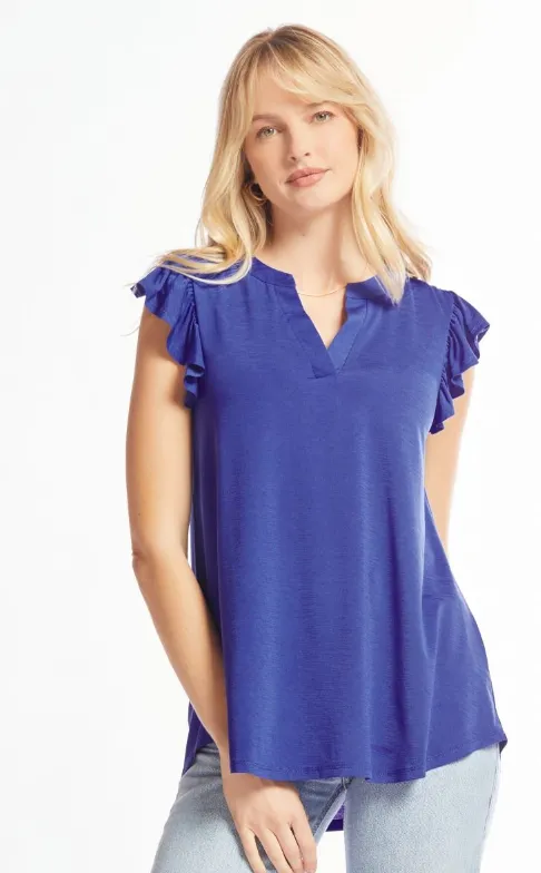 Figure It Out Ruffle Sleeve Top - Royal Blue