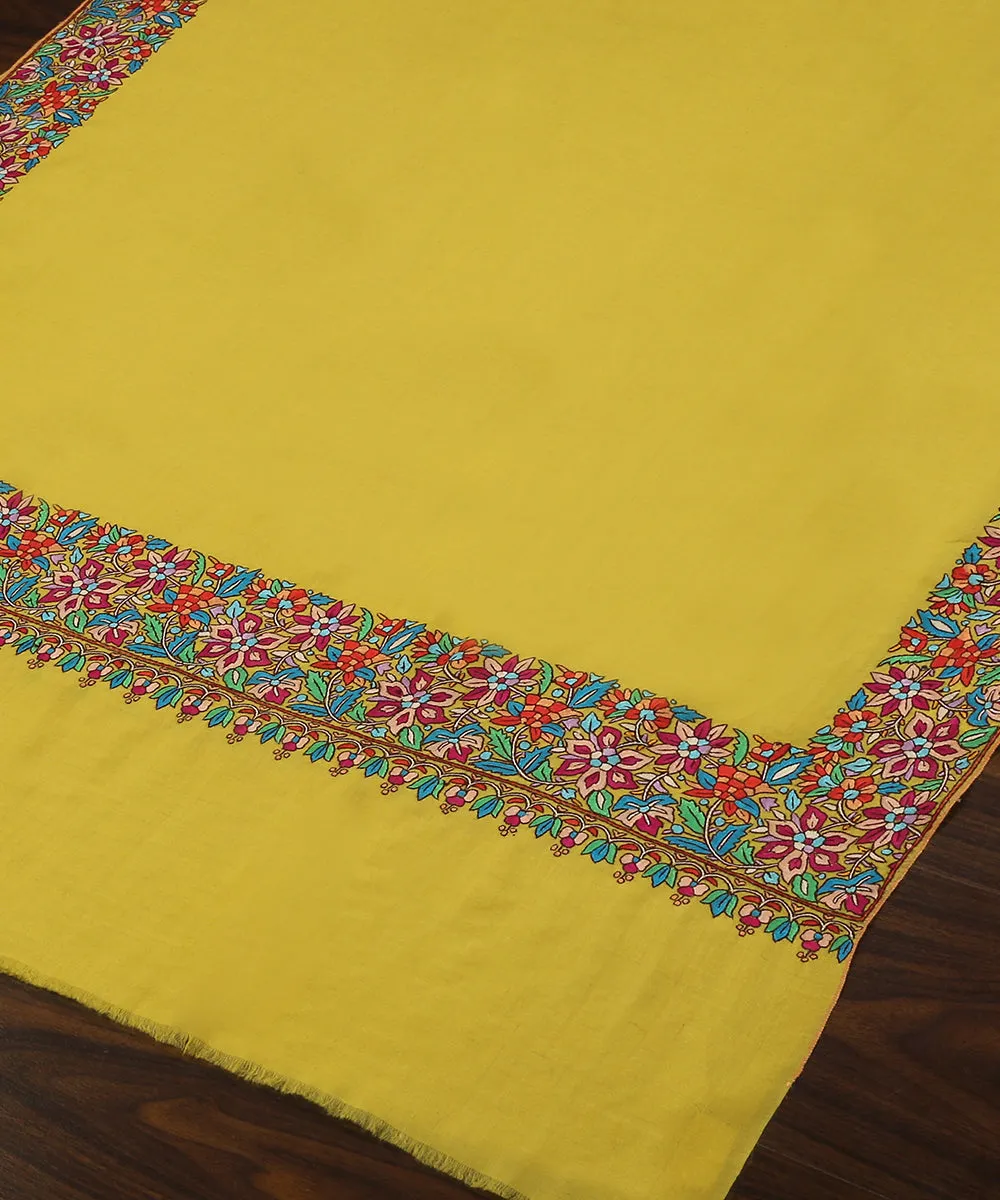 Fluorescent Yellow Handwoven Pure Pashmina Shawl With Paper Mache Embroidery Border