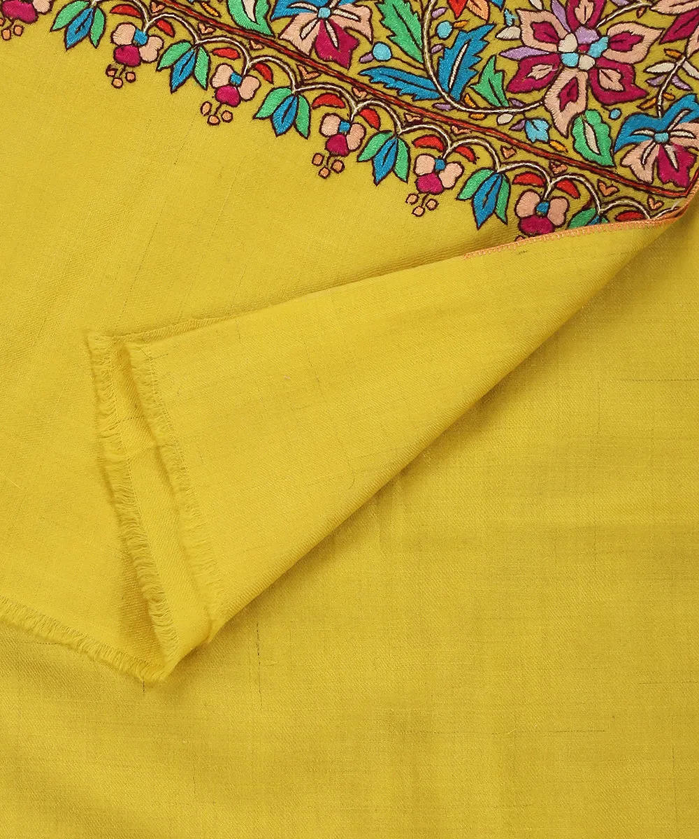 Fluorescent Yellow Handwoven Pure Pashmina Shawl With Paper Mache Embroidery Border