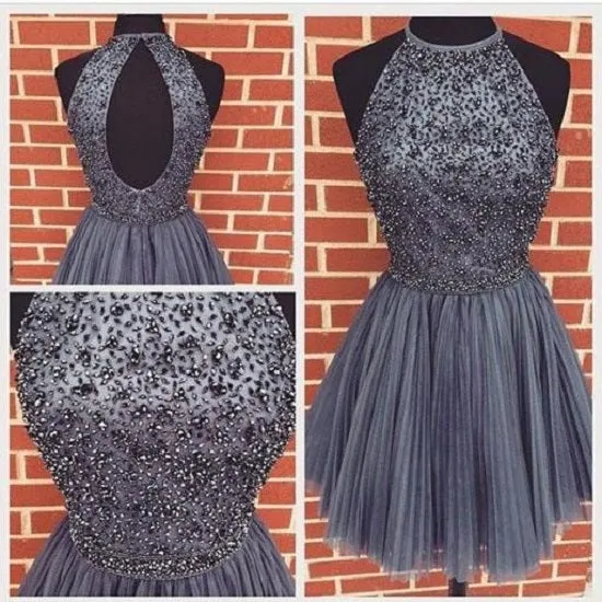 Grey Short Bead Homecoming Dress with Open Back | 8th Grade Graduation Dress Knee Length