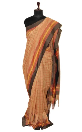 Handwoven Checks Soft Cotton Saree in Light Brown, Maroon, Amber Yellow and Black