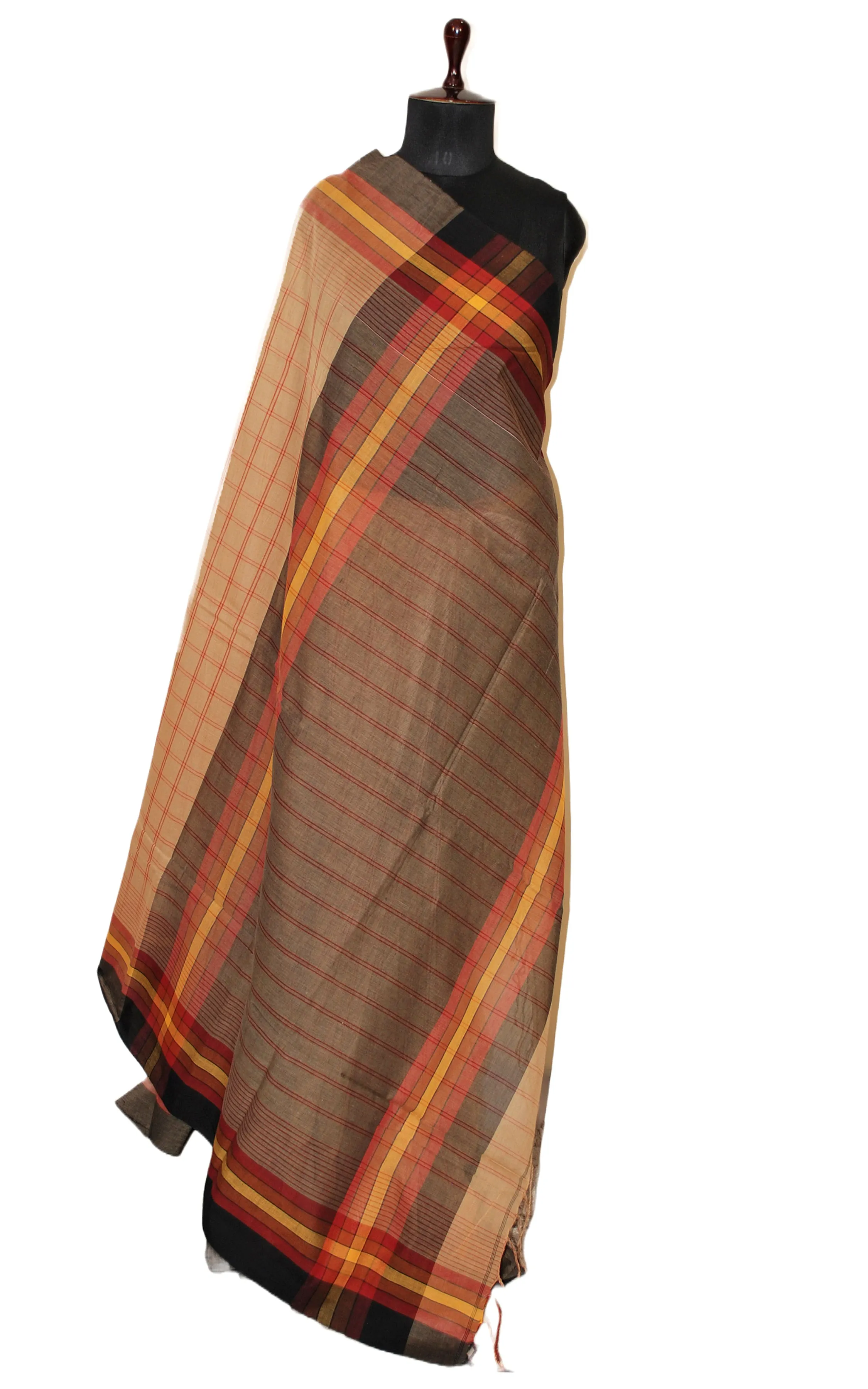 Handwoven Checks Soft Cotton Saree in Light Brown, Maroon, Amber Yellow and Black