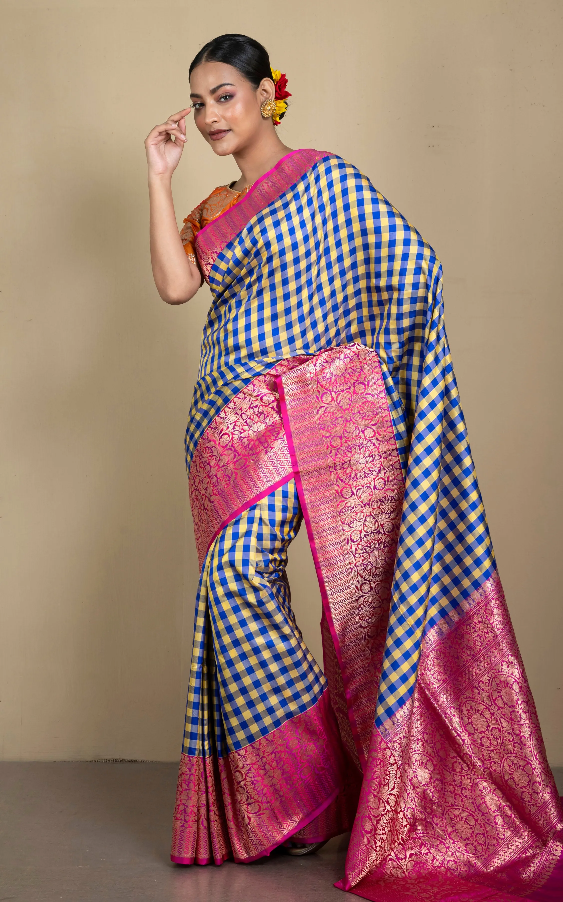 Handwoven Designer Checks Katan Banarasi Silk Saree in Royal Blue, Minion Yellow and Hot Pink