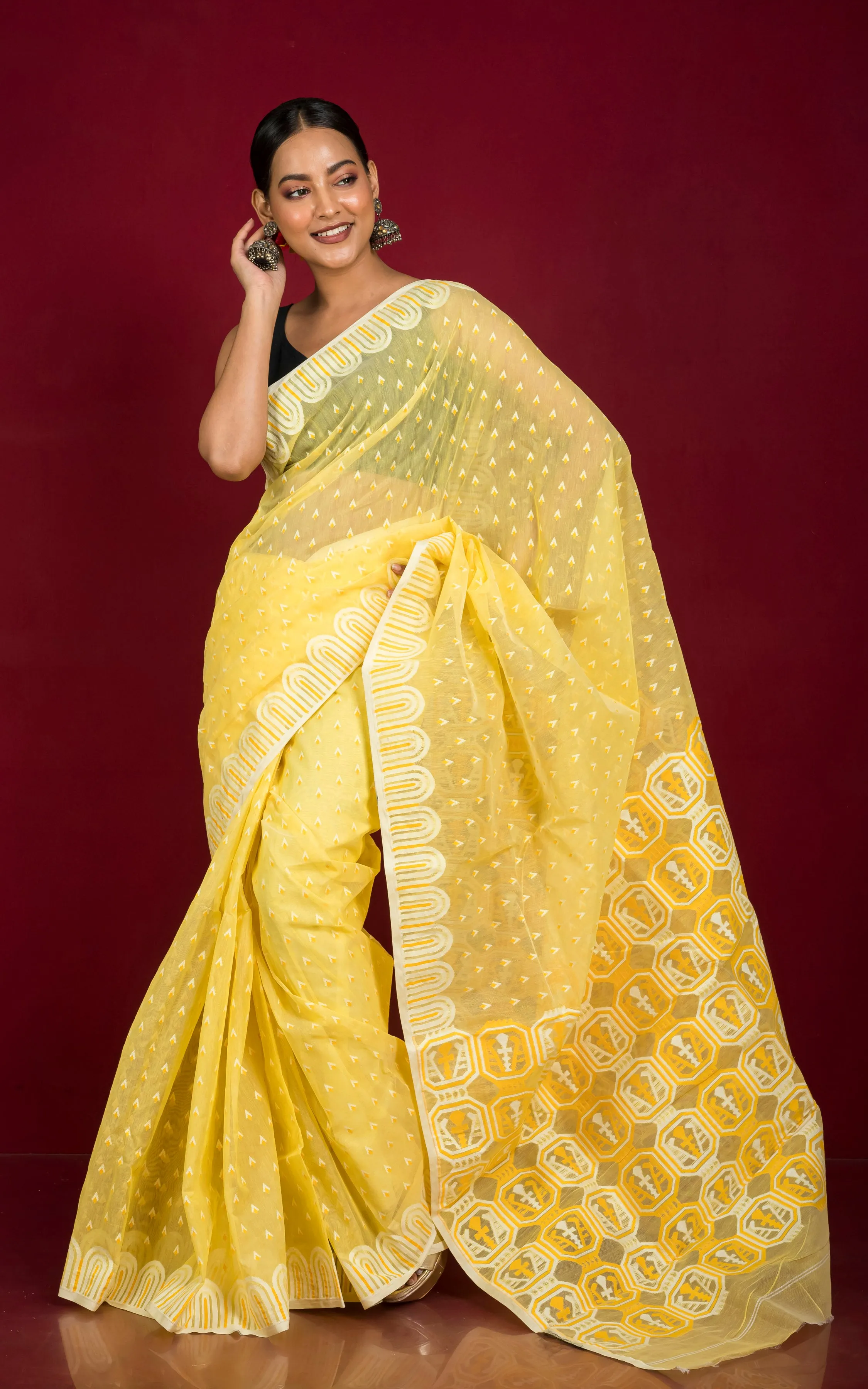 Handwoven Jamdani Saree in Light Yellow, Amber and Off White