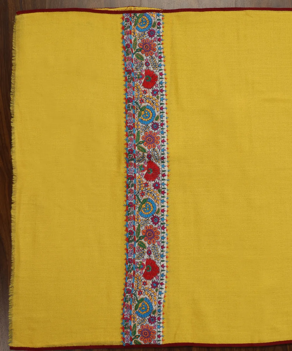 Handwoven Mustard Yellow Pure Pashmina Stoles With Hand Appliqued Kashidakari Border