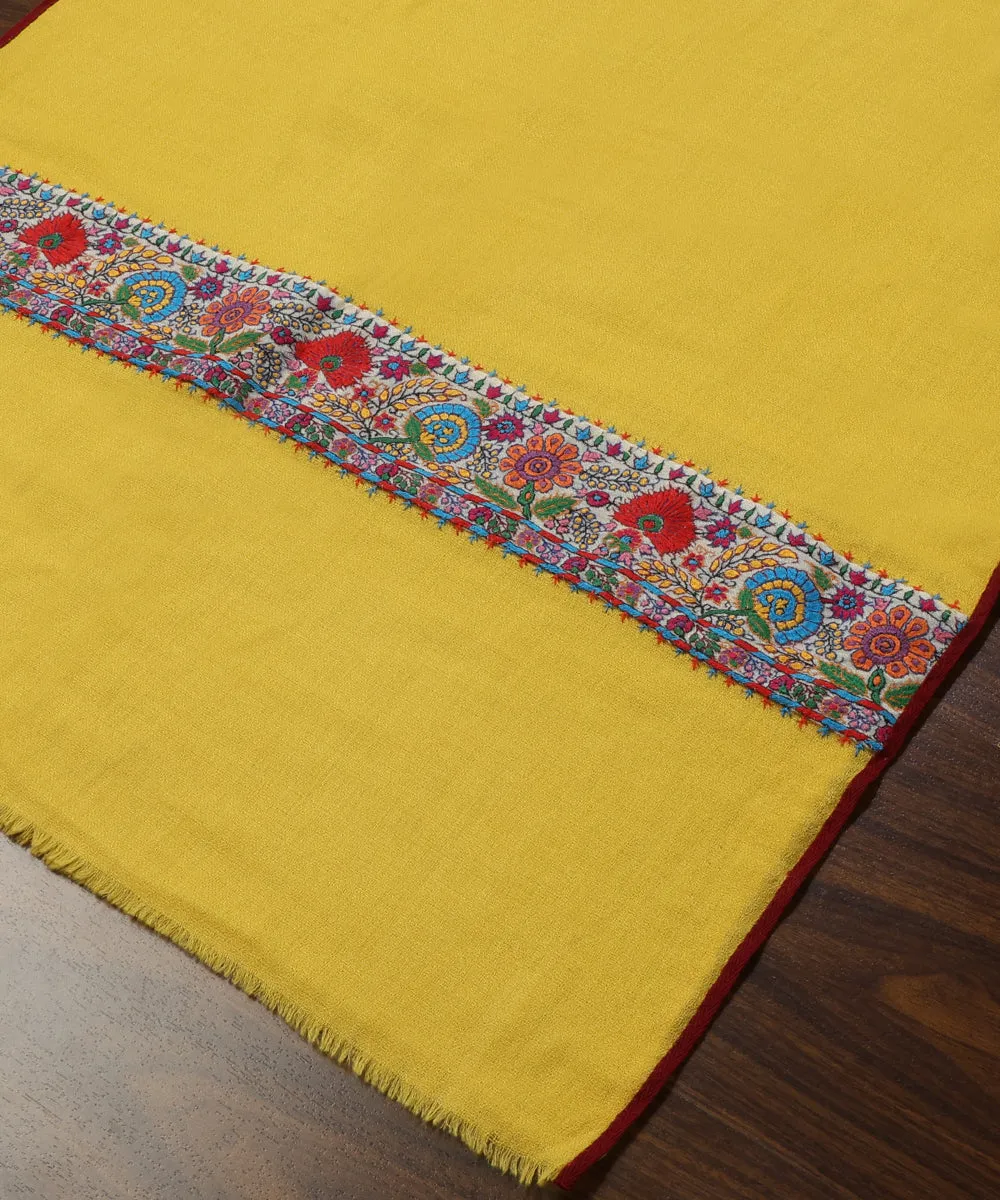 Handwoven Mustard Yellow Pure Pashmina Stoles With Hand Appliqued Kashidakari Border