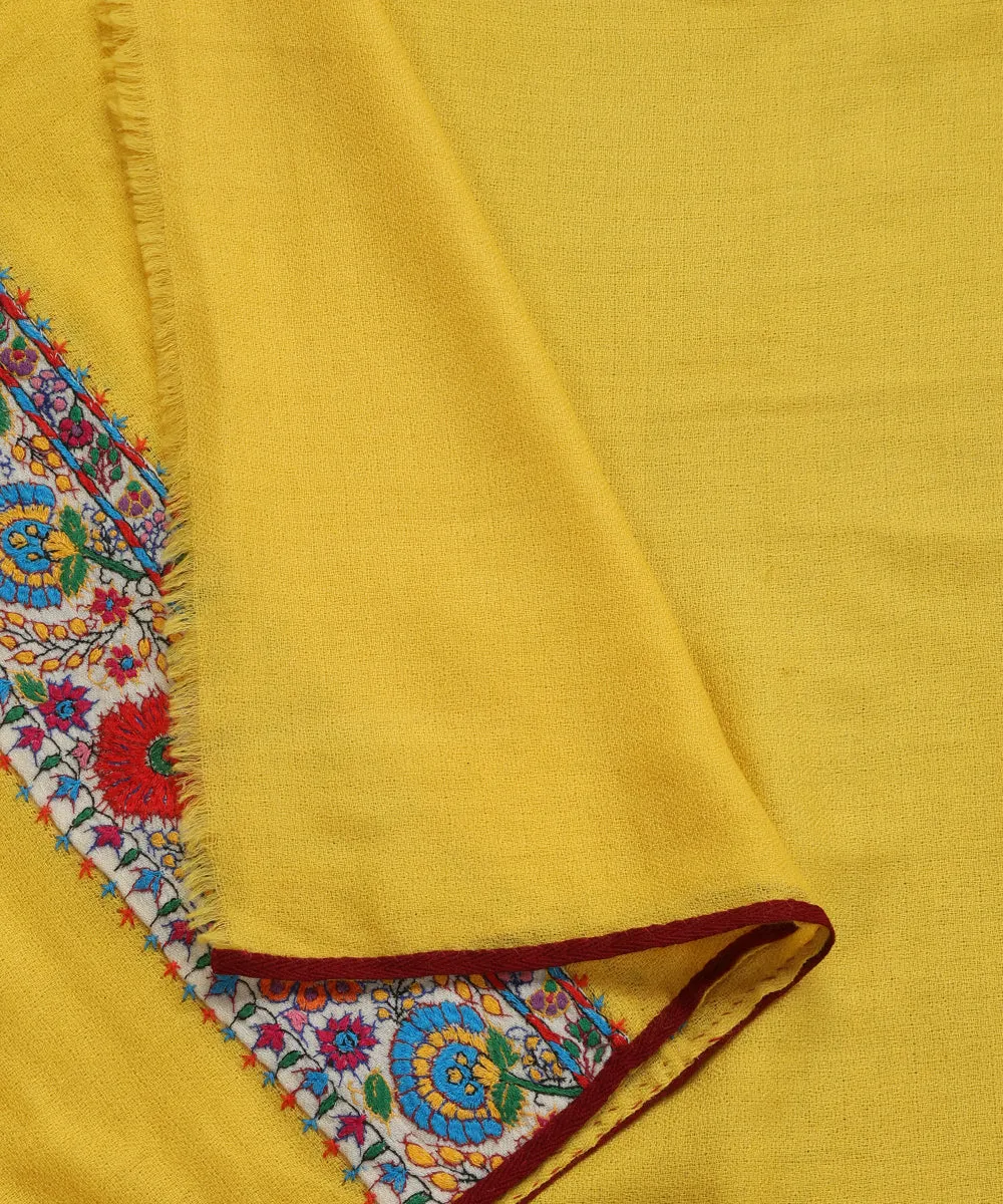 Handwoven Mustard Yellow Pure Pashmina Stoles With Hand Appliqued Kashidakari Border