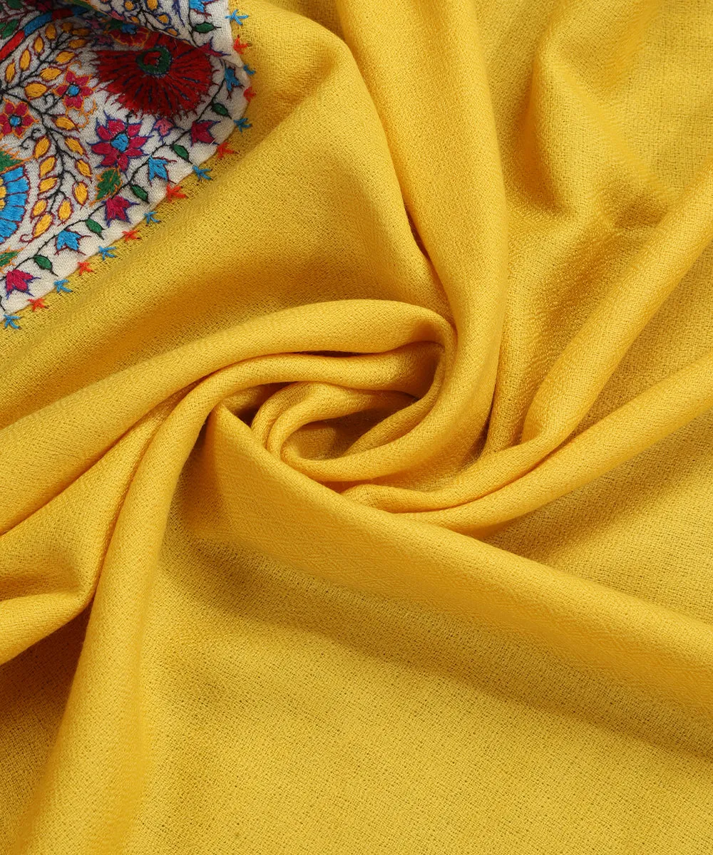 Handwoven Mustard Yellow Pure Pashmina Stoles With Hand Appliqued Kashidakari Border