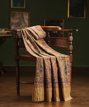 Handwoven Ochre Yellow Pure Pashmina Shawl With Kalamkari Paisley Motifs And Striped Palla