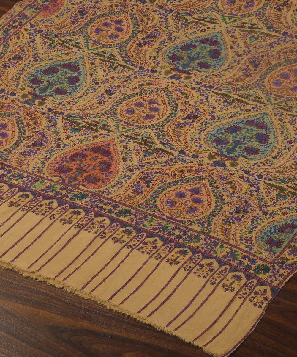 Handwoven Ochre Yellow Pure Pashmina Shawl With Kalamkari Paisley Motifs And Striped Palla