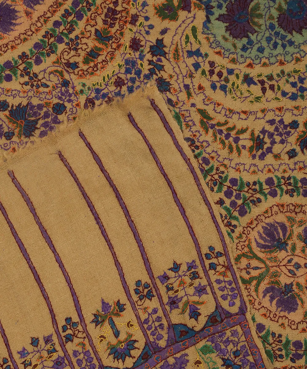 Handwoven Ochre Yellow Pure Pashmina Shawl With Kalamkari Paisley Motifs And Striped Palla