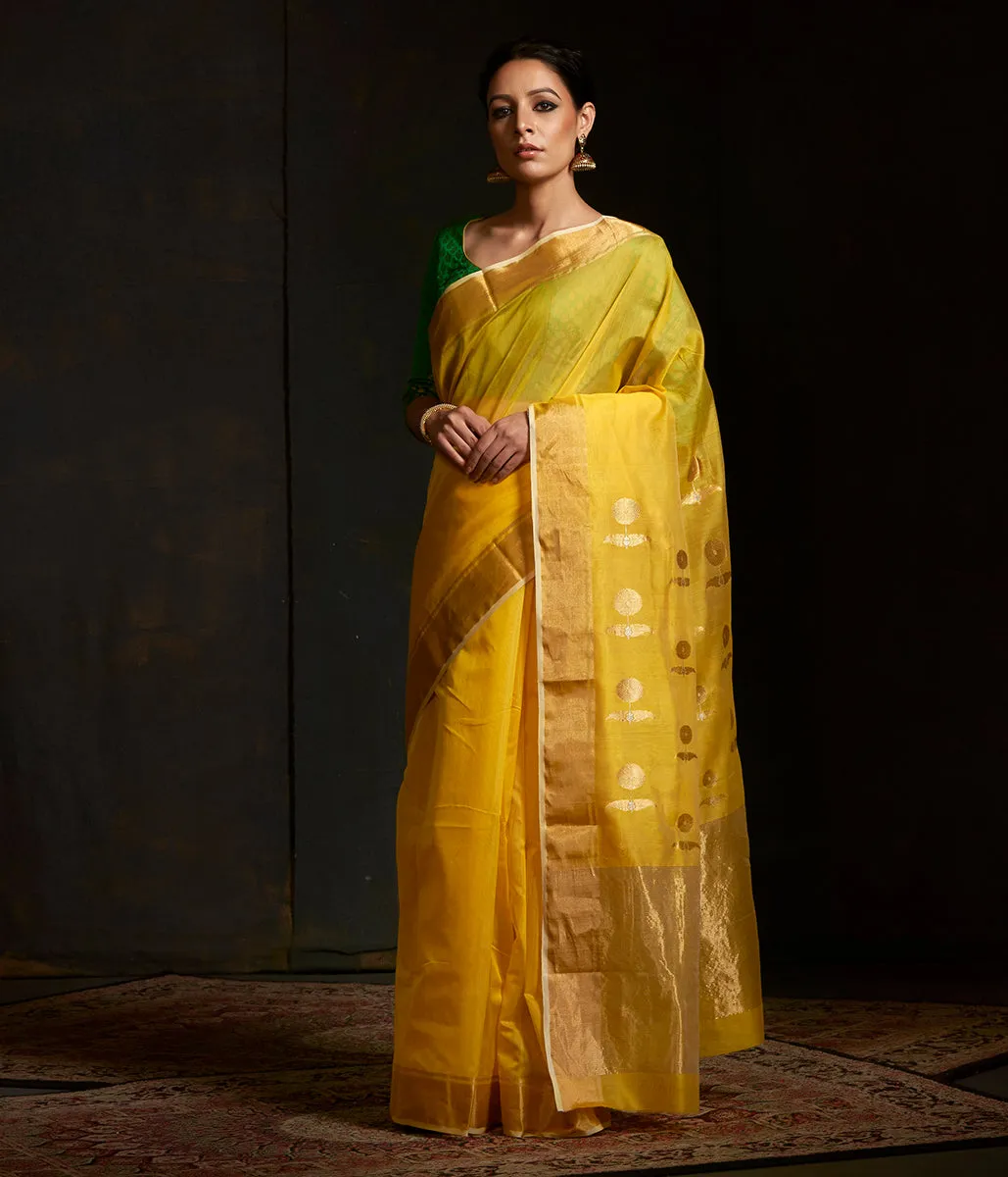 Handwoven yellow chanderi saree with sunflower motif on the pallu