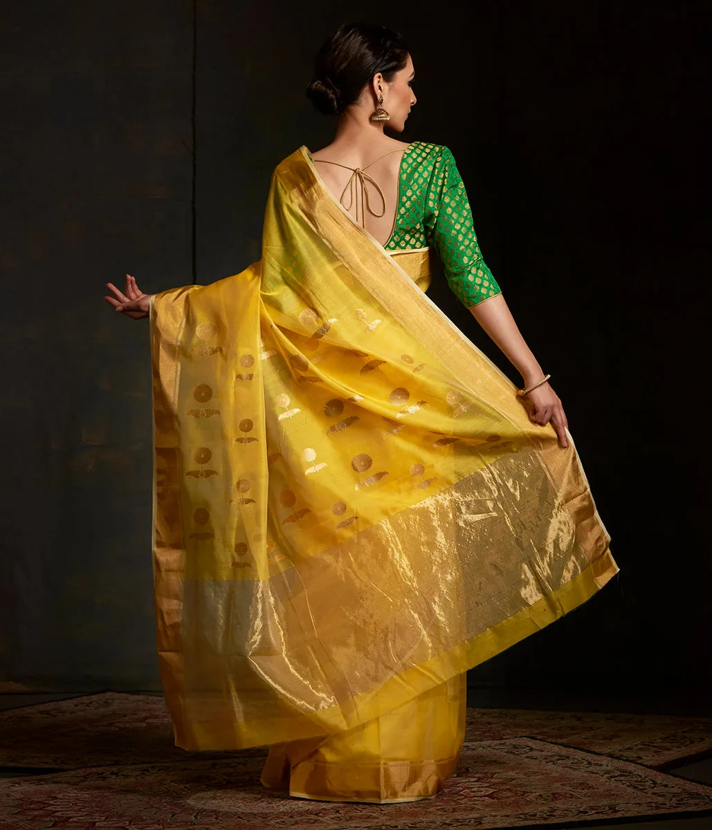 Handwoven yellow chanderi saree with sunflower motif on the pallu