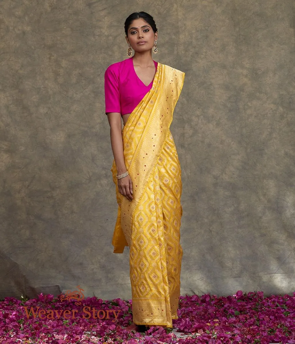 Handwoven Yellow Kadhwa Jangla Saree with Meenakari