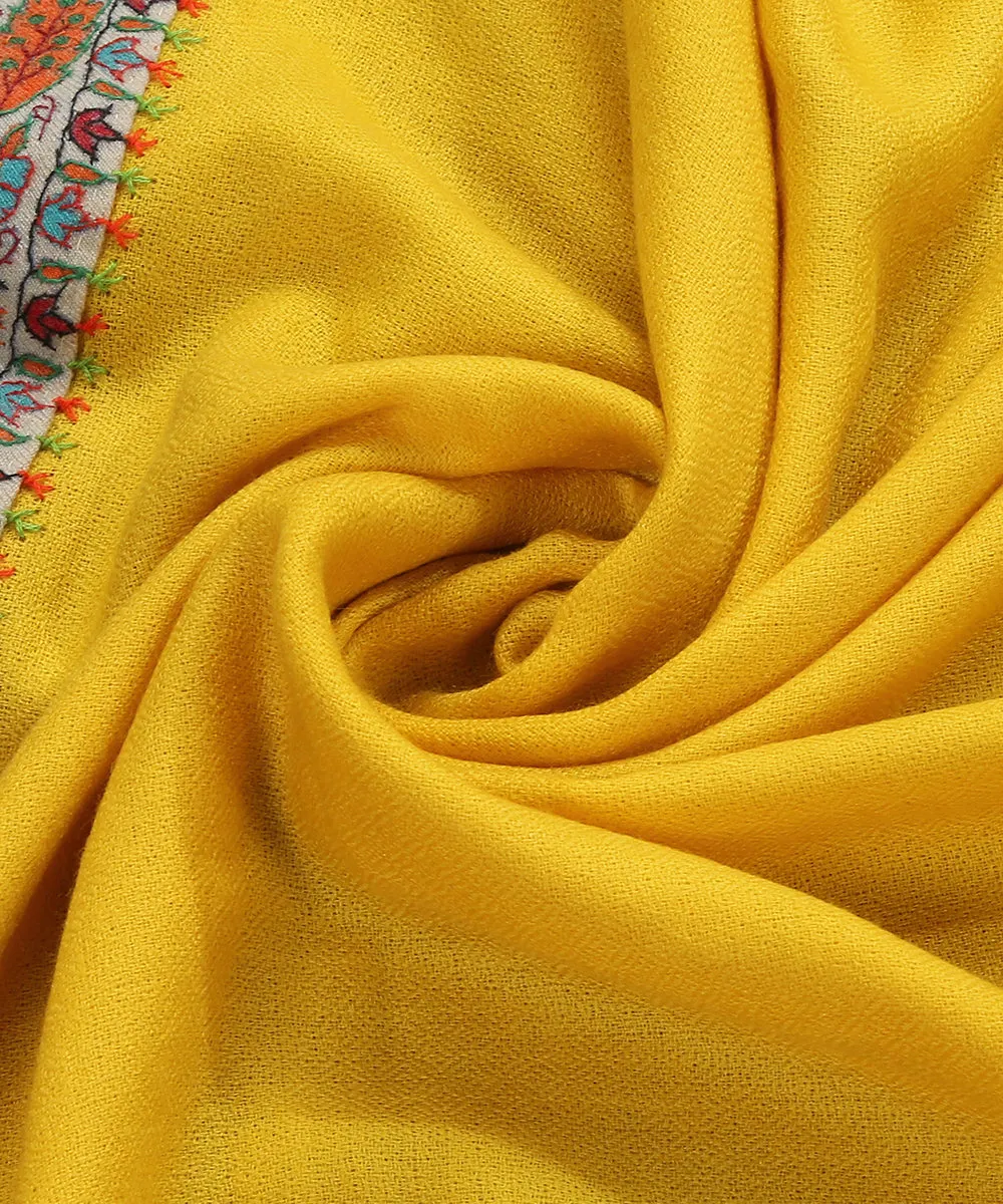 Handwoven Yellow Pure Pashmina Kalamkari Stole With Hand Appliqued Border And Soznikari