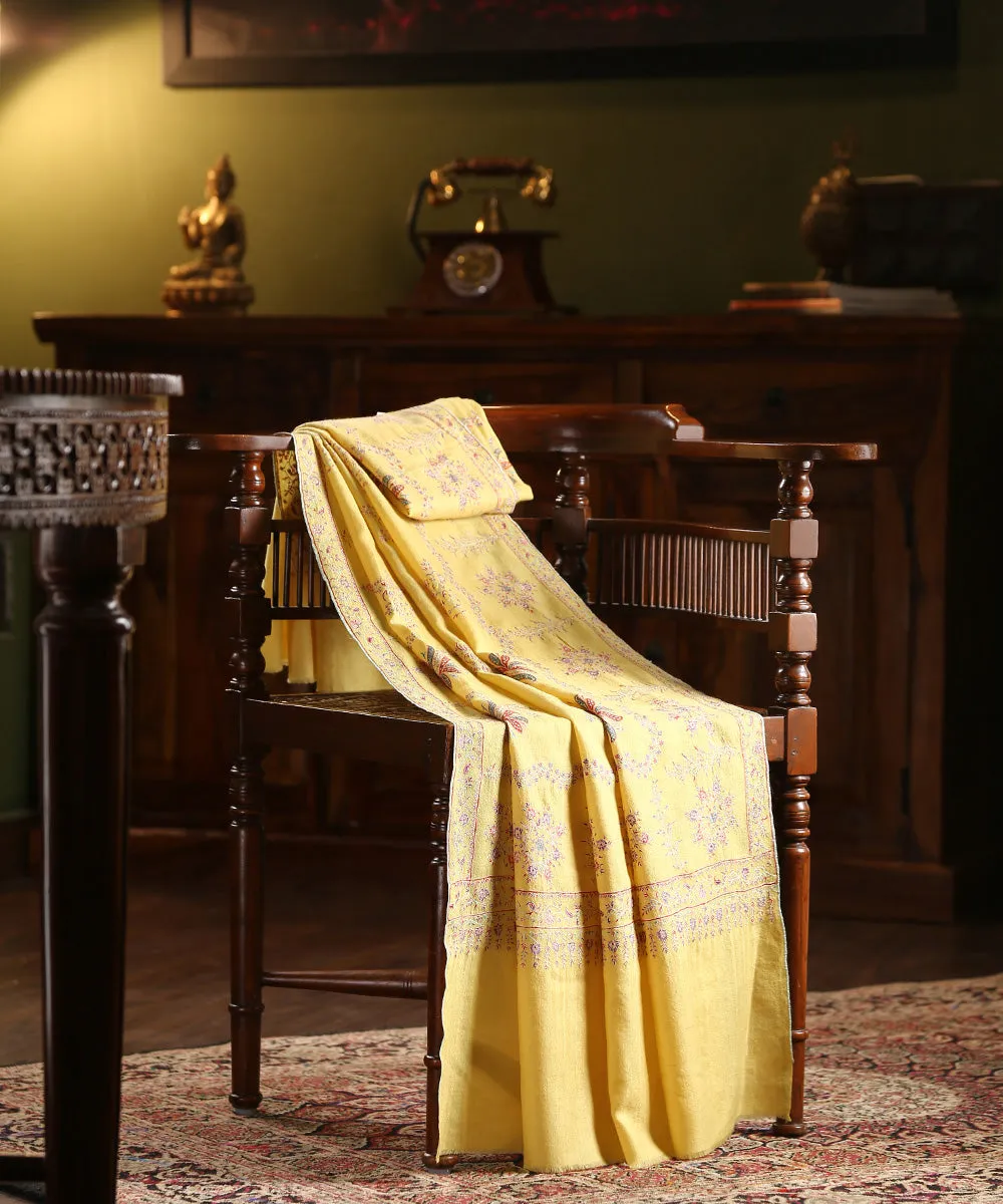 Handwoven Yellow Pure Pashmina Shawl With Paper Mache Work