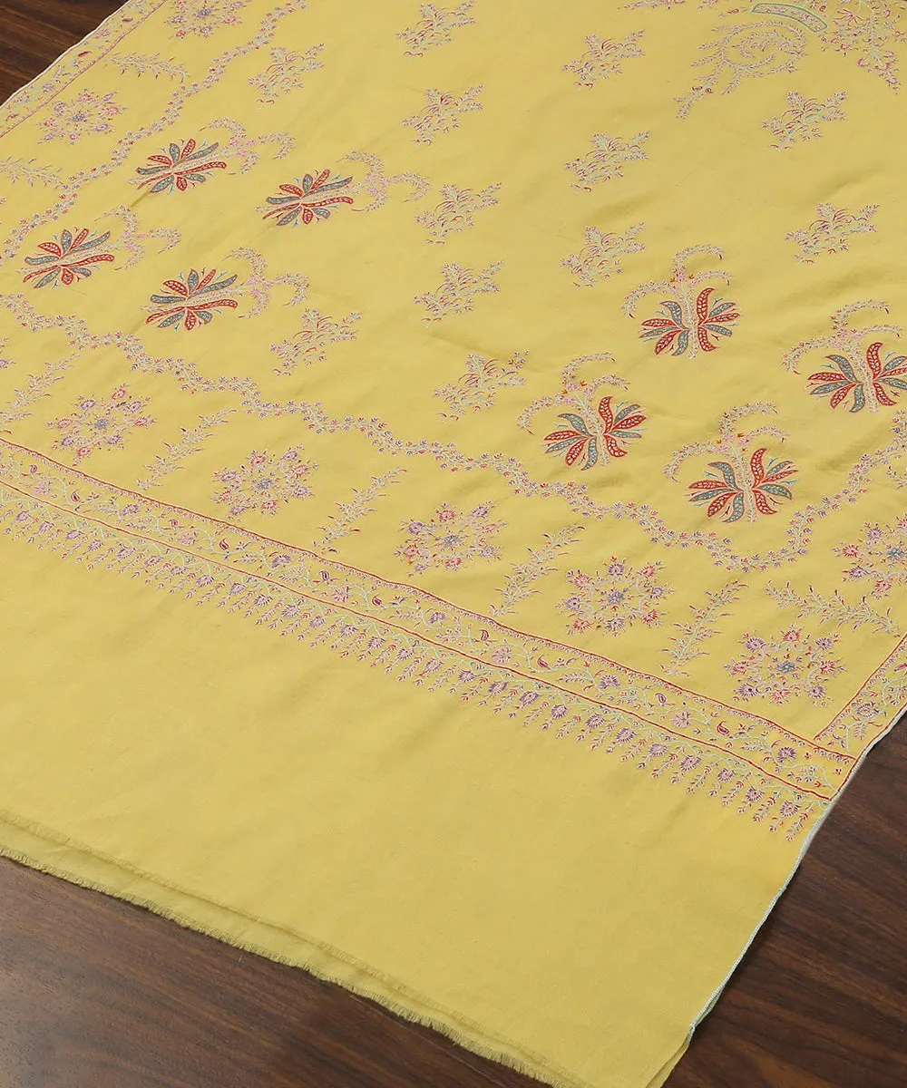 Handwoven Yellow Pure Pashmina Shawl With Paper Mache Work