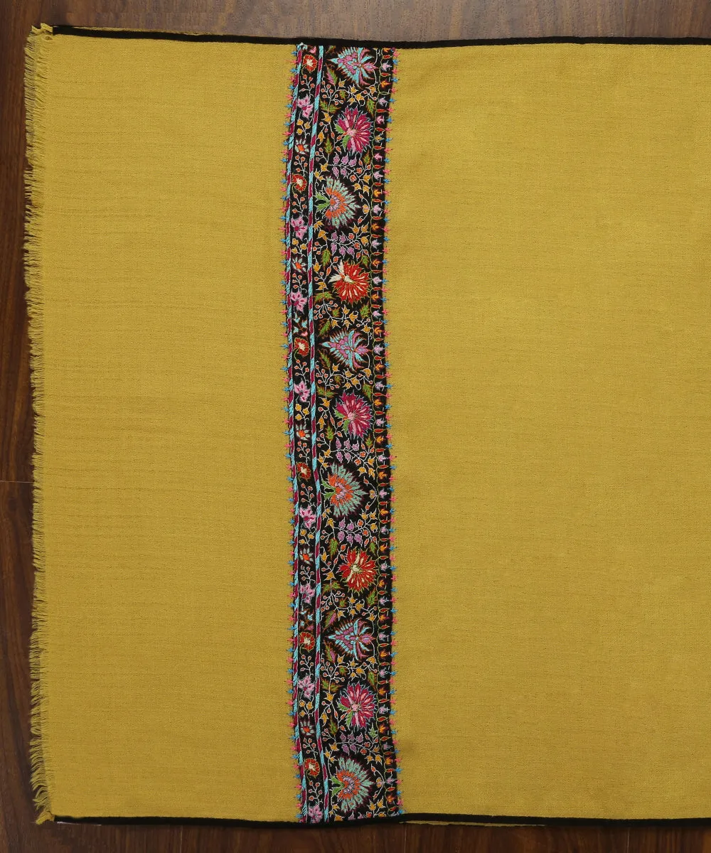 Handwoven Yellow Pure Pashmina Stole With Hand Appliqued Kashidakari Border