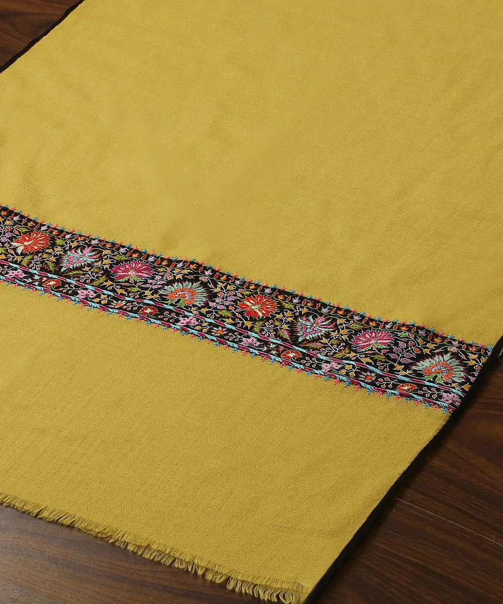 Handwoven Yellow Pure Pashmina Stole With Hand Appliqued Kashidakari Border